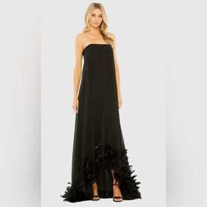 Mac Duggal Black Strapless Gown with Feathered Hem